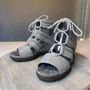 Sorel‎ Joanie II Ghillie Women's Ash Laces Gladiator Chunky Wedge Sandals Size 8